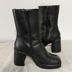 Steve Madden Fantsie Heel Boots Womens 6 Black Leather Square Toe Platform Block